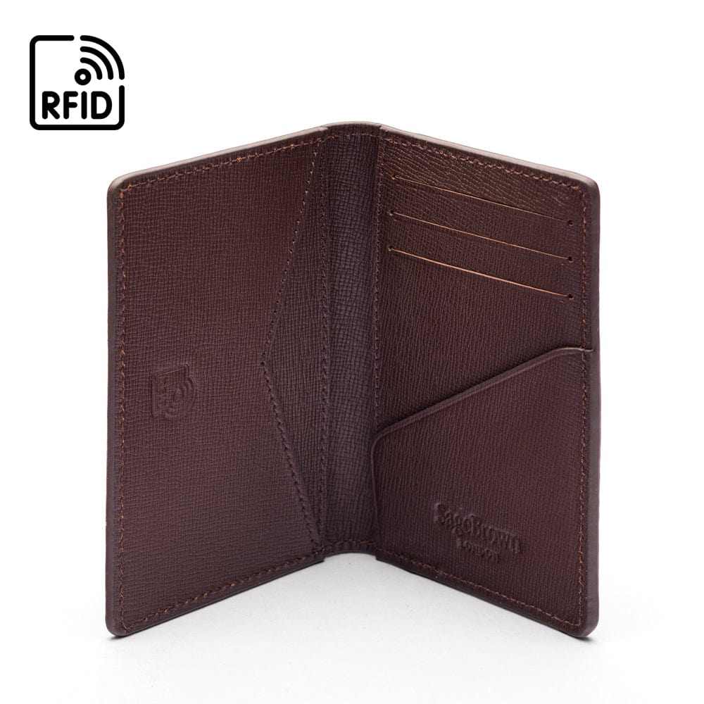 RFID bifold credit card holder, brown saffiano, inside view