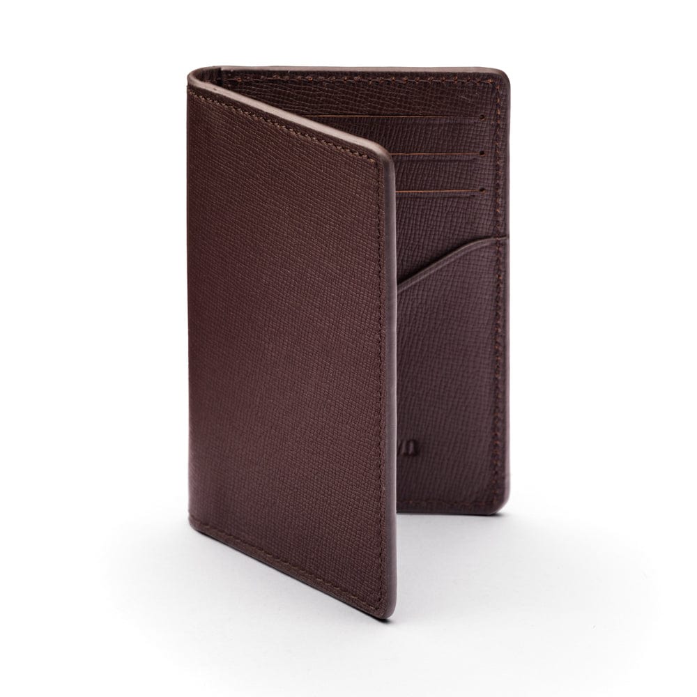 RFID bifold credit card holder, brown saffiano, front view