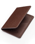 RFID bifold credit card holder, brown saffiano, open view