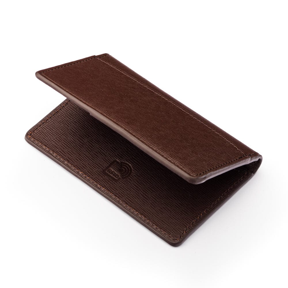 RFID bifold credit card holder, brown saffiano, RFID view