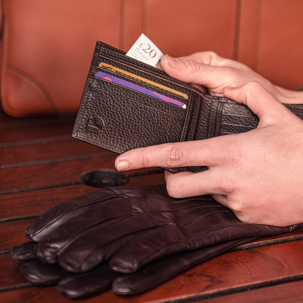 RFID leather wallet with 6 credit cards, brown, lifestyle