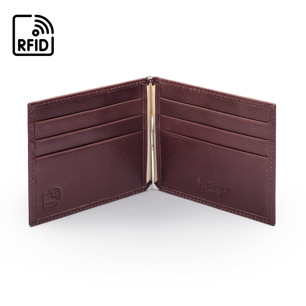 Leather money clip wallet, brown, open view