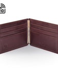 Leather money clip wallet, brown, open view