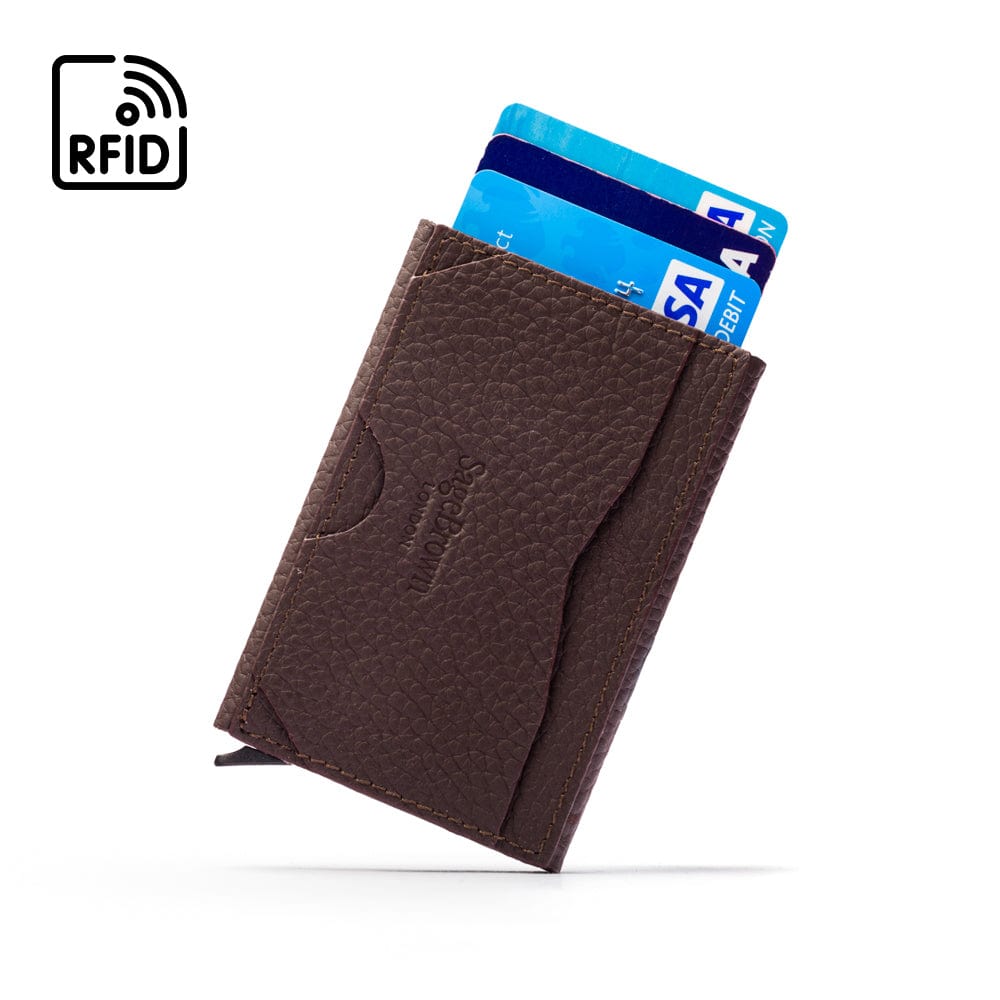 RFID pop-up credit card case, brown, back view