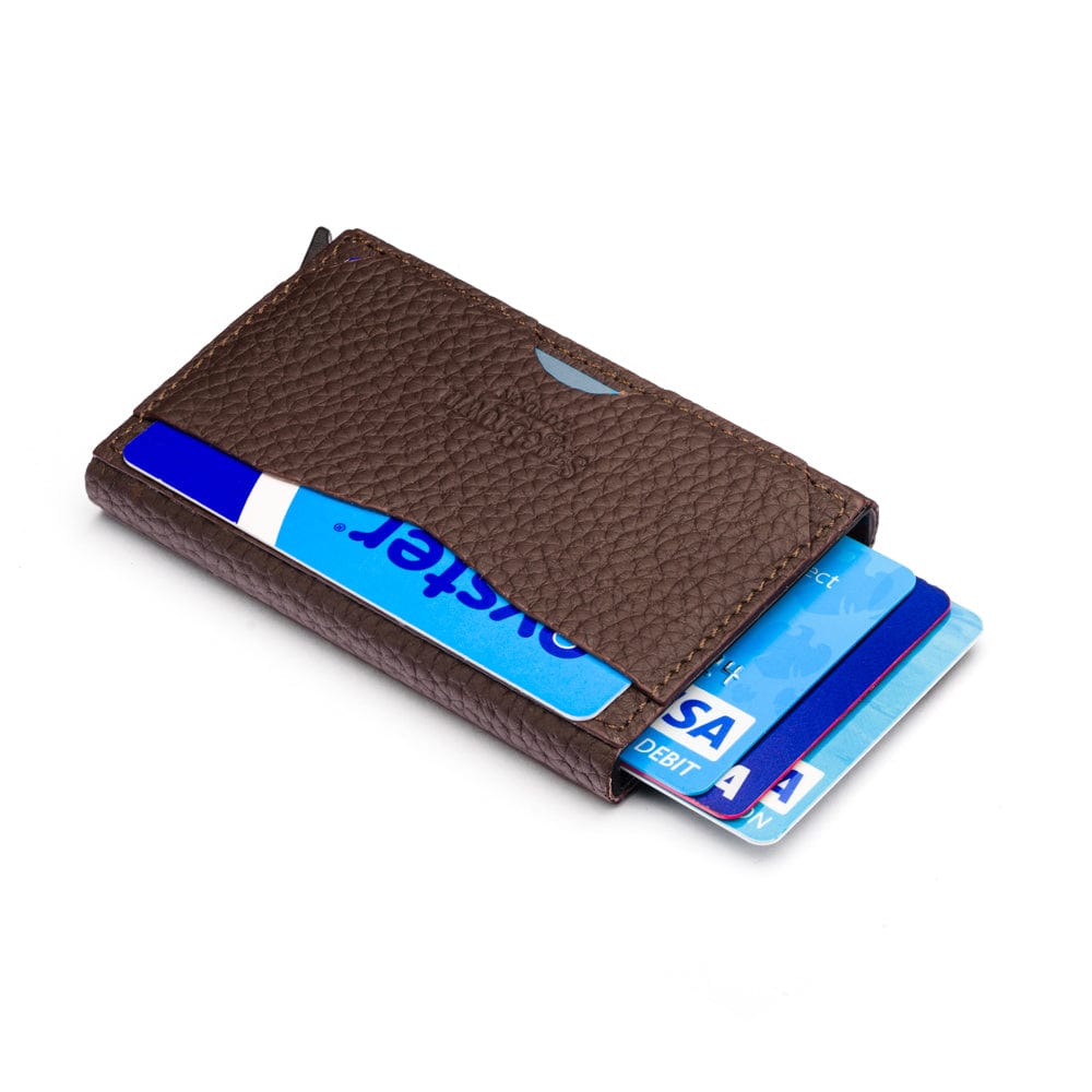 RFID pop-up credit card case, brown, side view