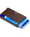 RFID pop-up credit card case, brown, side view