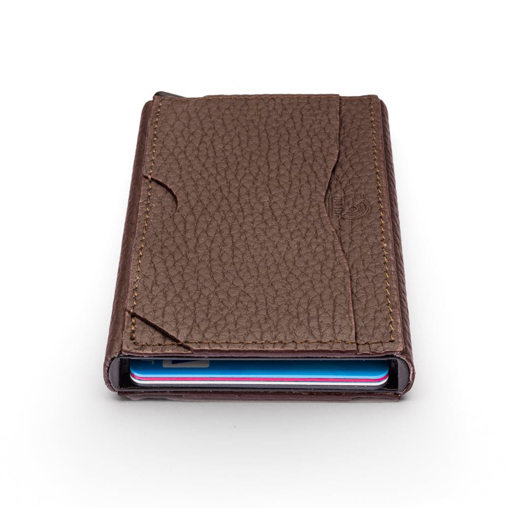 RFID pop-up credit card case, brown, top view