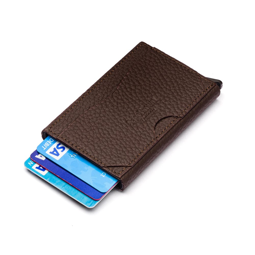 RFID pop-up credit card case, brown, rear view