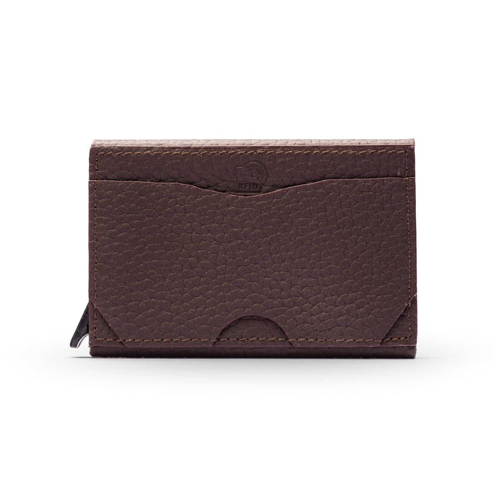 RFID pop-up credit card case, brown, front view