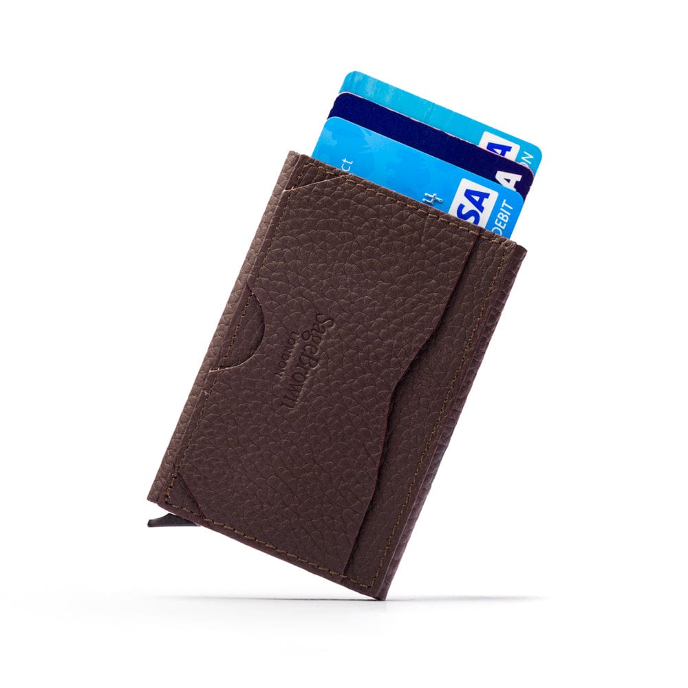 RFID pop-up credit card case, brown, reverse view