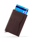 RFID pop-up credit card case, brown, reverse view