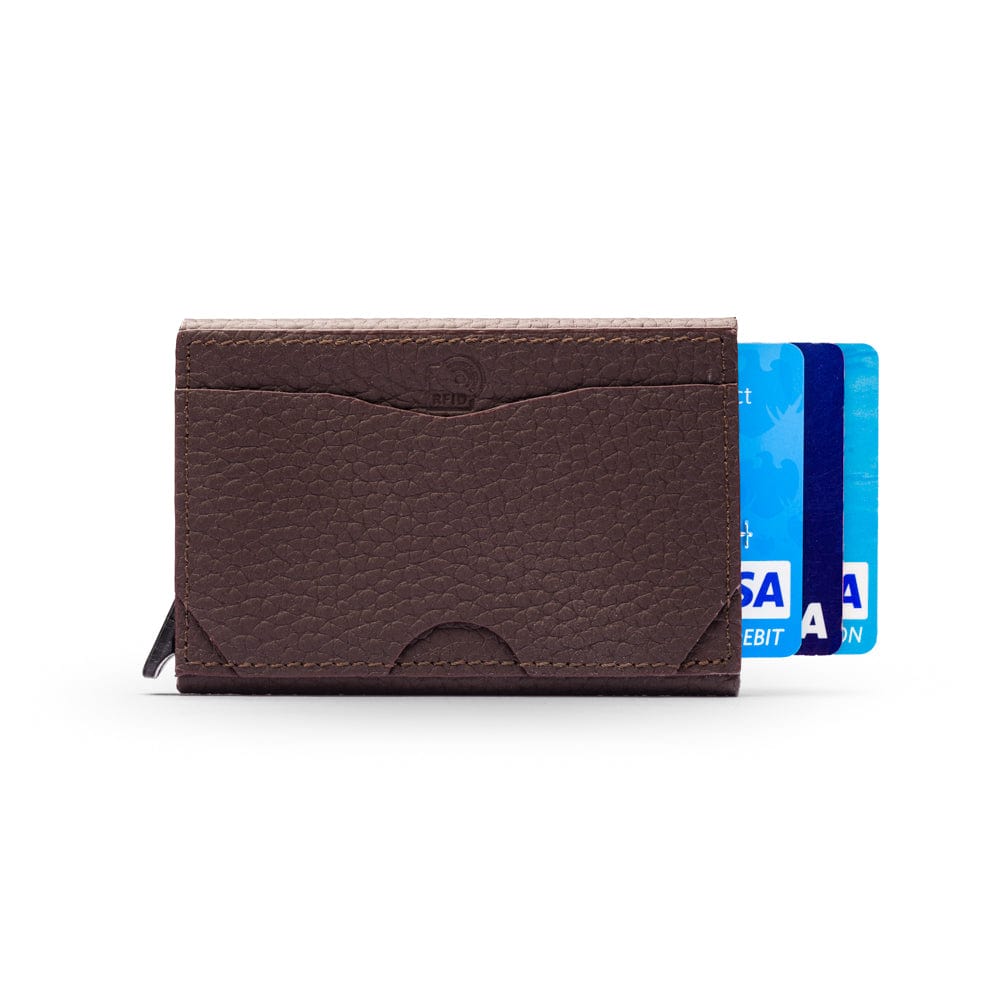 RFID pop-up credit card case, brown, front view