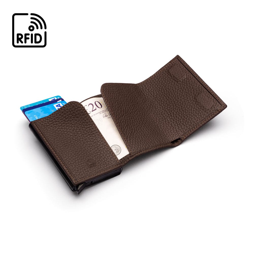 RFID wallet with pop-up credit card case, brown, inside view