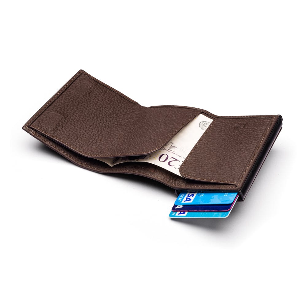 RFID wallet with pop-up credit card case, brown, open view