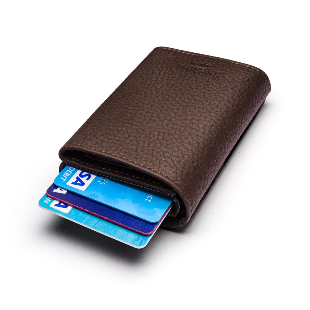 RFID wallet with pop-up credit card case, brown, back view