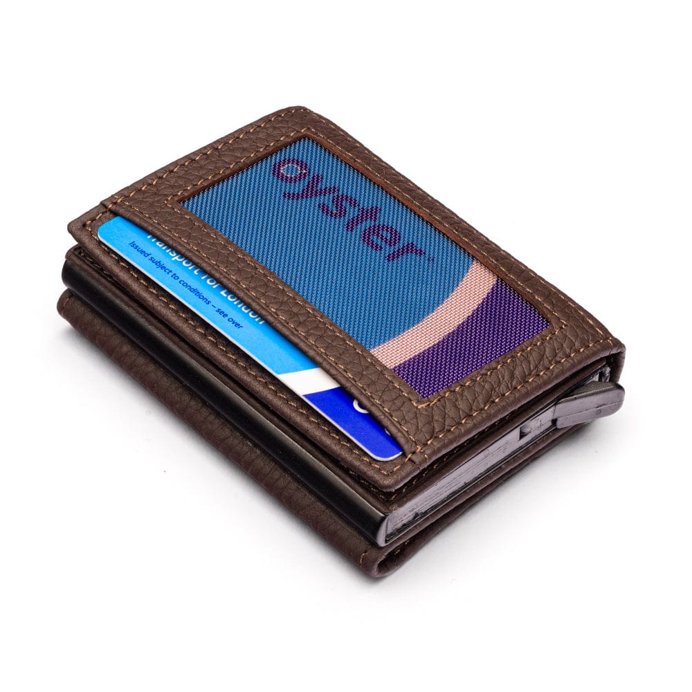 RFID wallet with pop-up credit card case, brown, base view