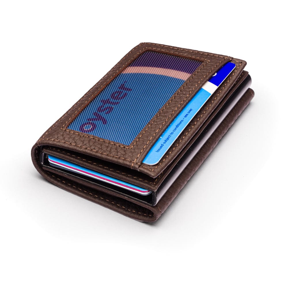 RFID wallet with pop-up credit card case, brown, front view