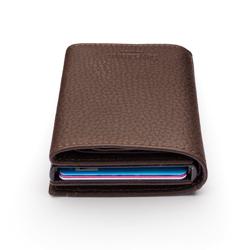 RFID wallet with pop-up credit card case, brown, top view