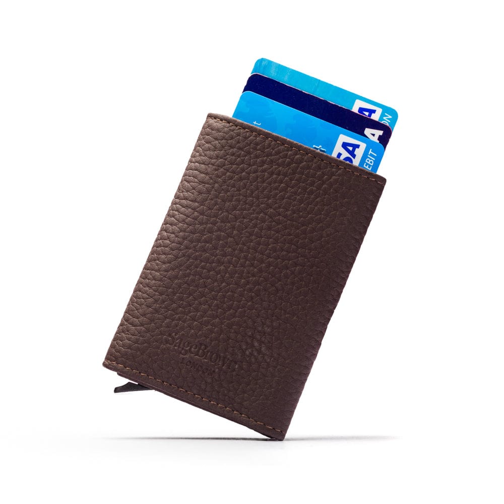 RFID wallet with pop-up credit card case, brown, rear view