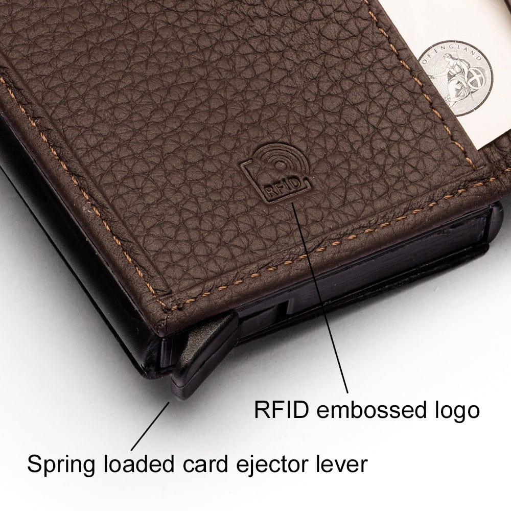 RFID wallet with pop-up credit card case, brown, iclose up view