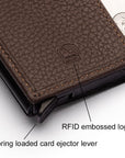 RFID wallet with pop-up credit card case, brown, iclose up view