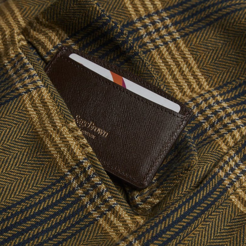 Brown Saffiano Flat Leather Credit Card Case With RFID Blocking Lining