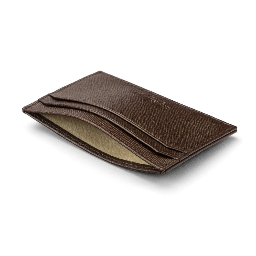 Flat leather credit card holder with middle pocket, 5 CC slots, brown saffiano, inside