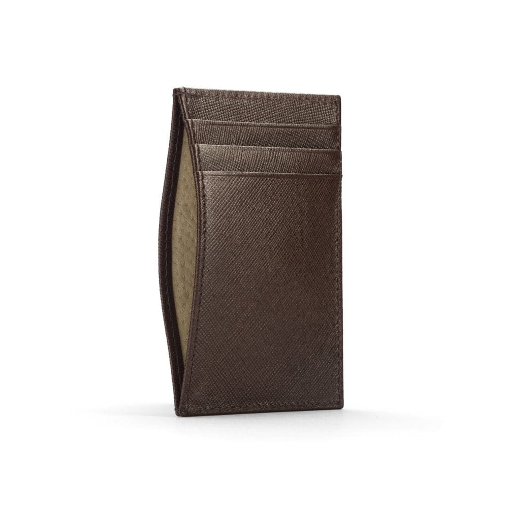 Flat leather credit card holder with middle pocket, 5 CC slots, brown saffiano, front