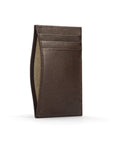 Flat leather credit card holder with middle pocket, 5 CC slots, brown saffiano, front