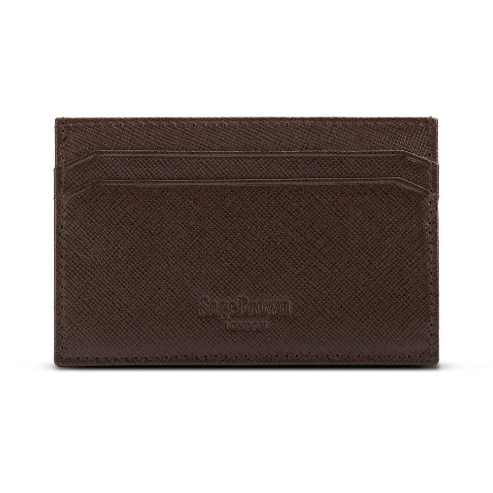Flat leather credit card holder with middle pocket, 5 CC slots, brown saffiano, back