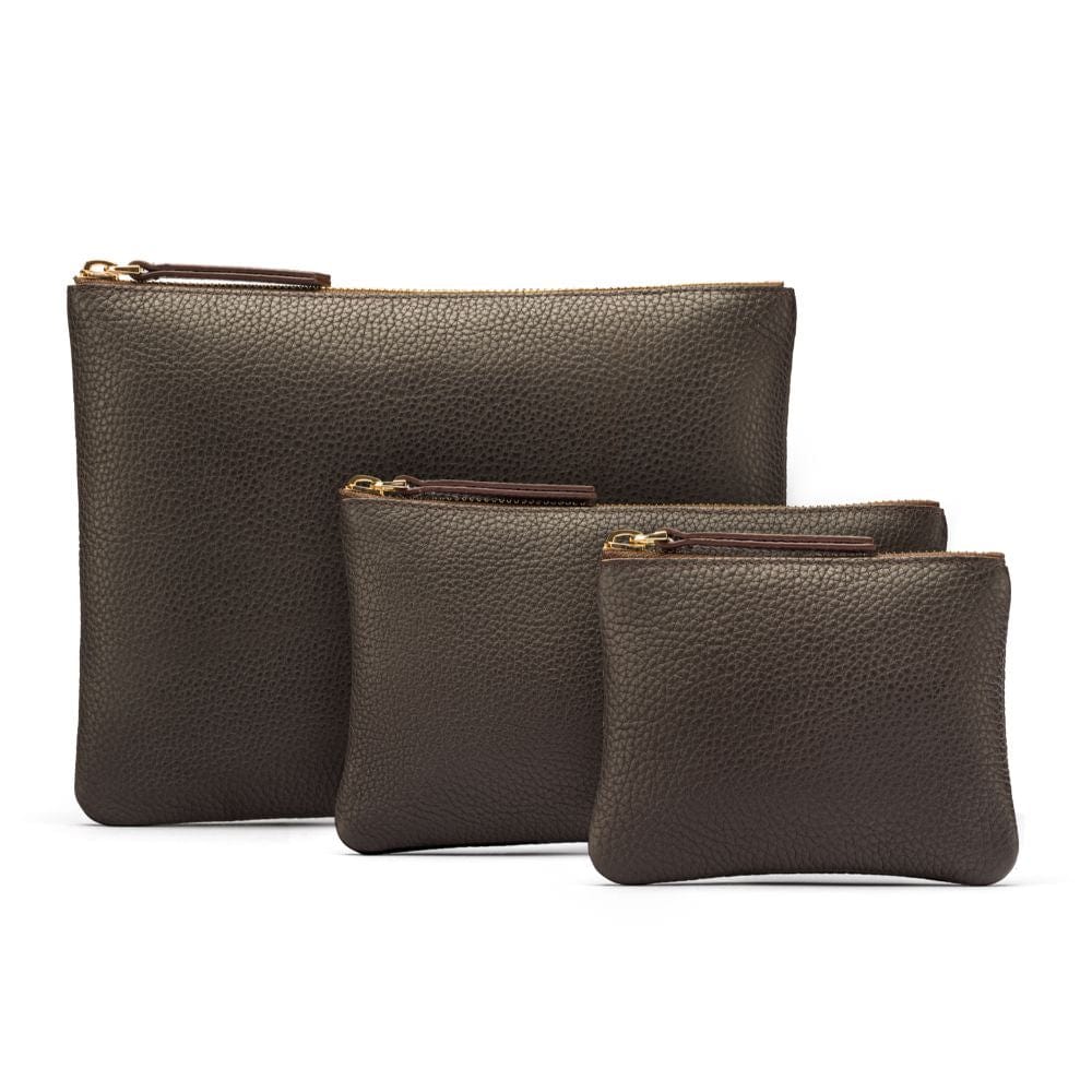 Set of 3 leather makeup bags, brown, all sizes