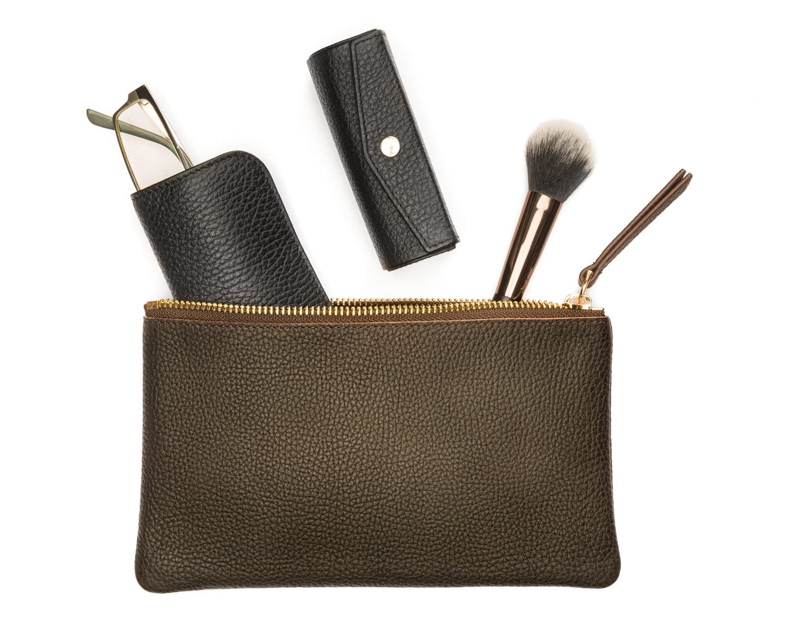 Set of 3 leather makeup bags, brown, medium
