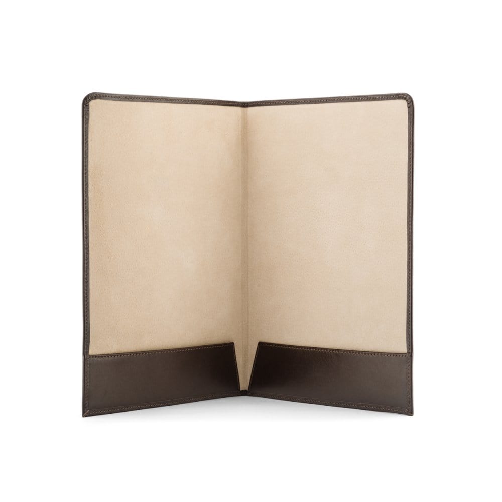 Simple leather document folder, brown, open