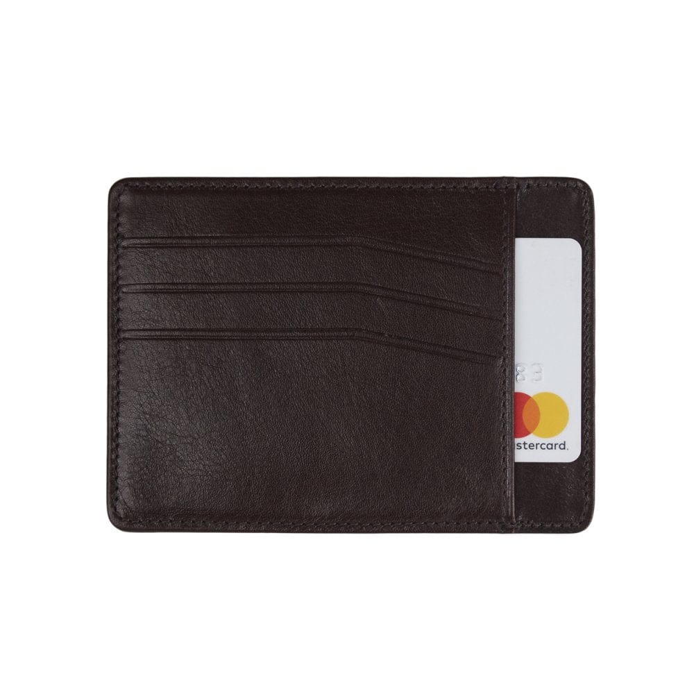 Flat leather credit card holder, brown, front