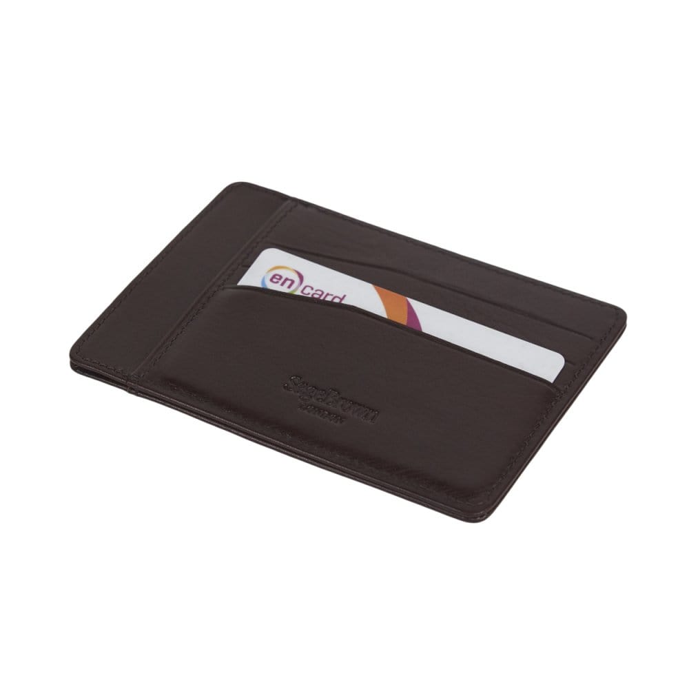 Flat leather credit card holder, brown, back view