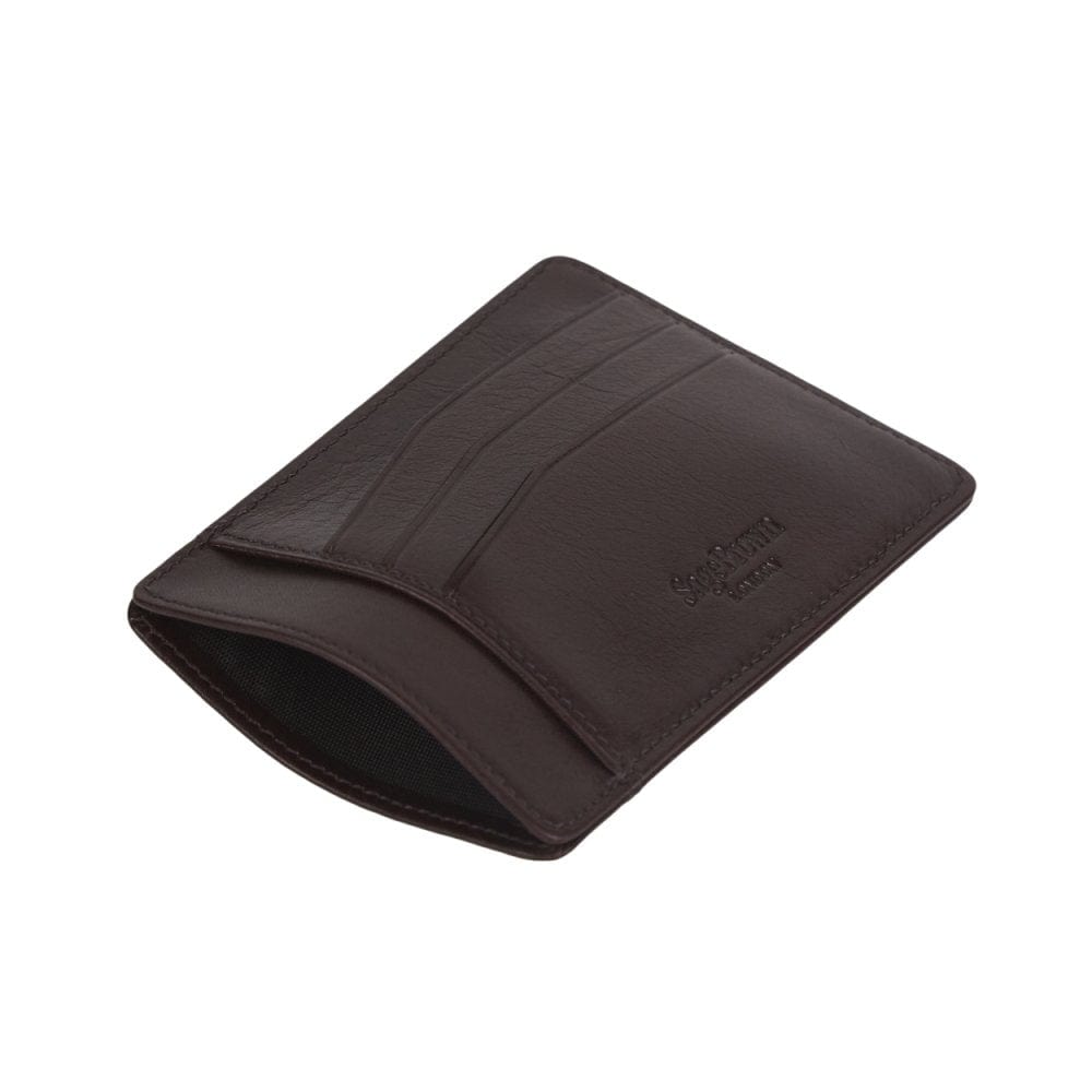 Flat leather credit card holder, brown, open