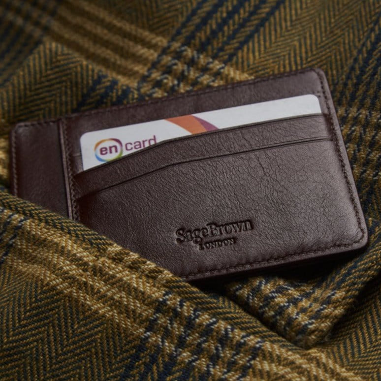 Flat leather credit card holder, brown, lifestyle