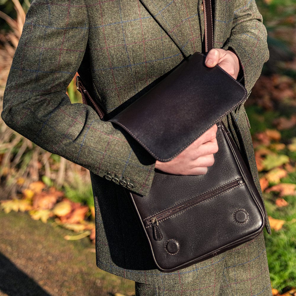 Small leather messenger bag, brown, lifestyle open