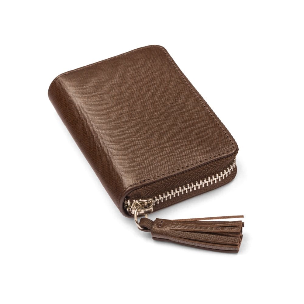 Small leather zip around coin purse, brown saffiano, front