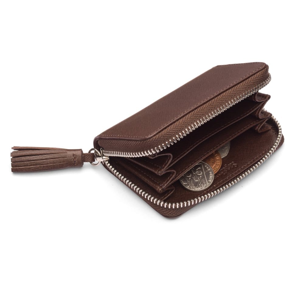 Small leather zip around coin purse, brown saffiano, inside
