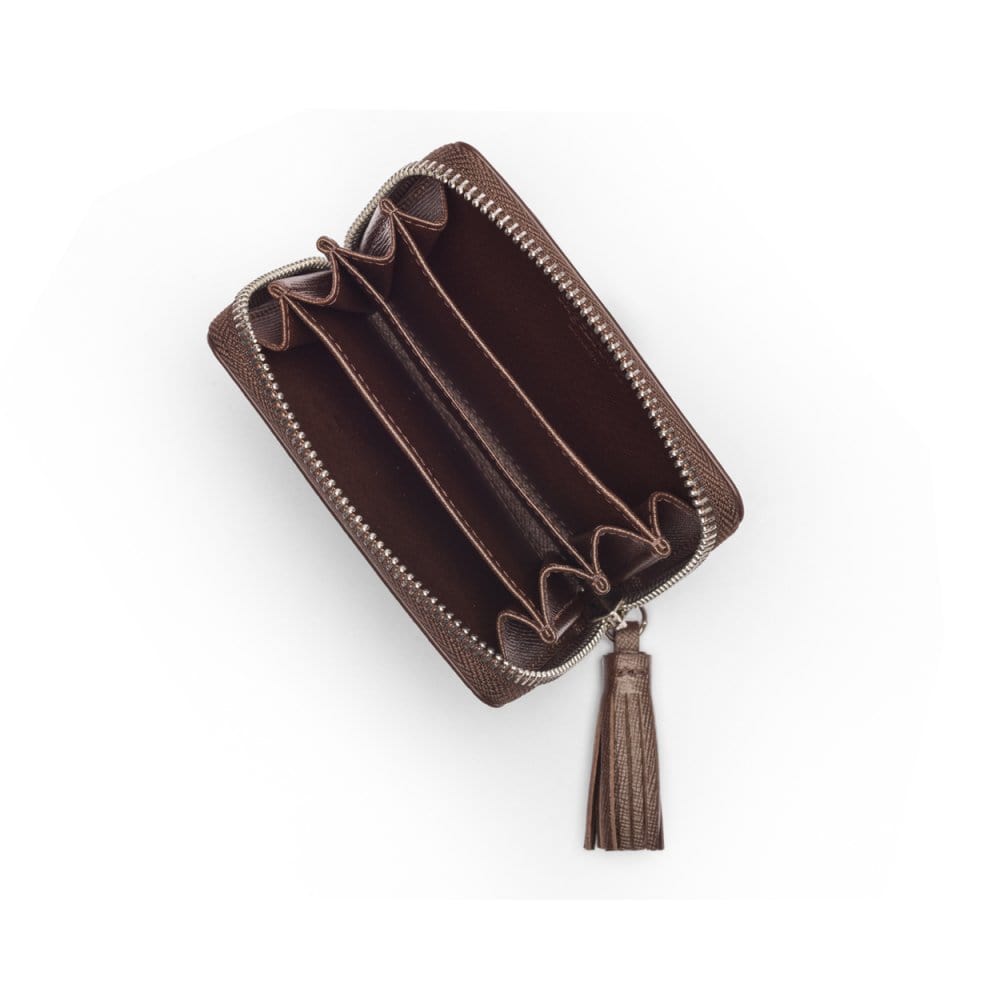 Small leather zip around coin purse, brown saffiano, interior