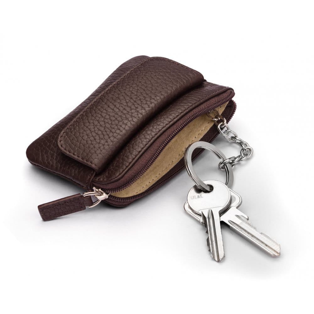 Small leather zip coin purse, brown, with key chain