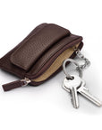 Small leather zip coin purse, brown, with key chain