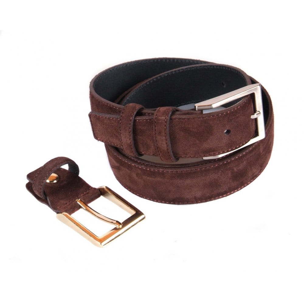 Leather belt with 2 buckles, brown suede