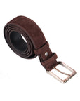 Leather belt with silver buckle, brown suede