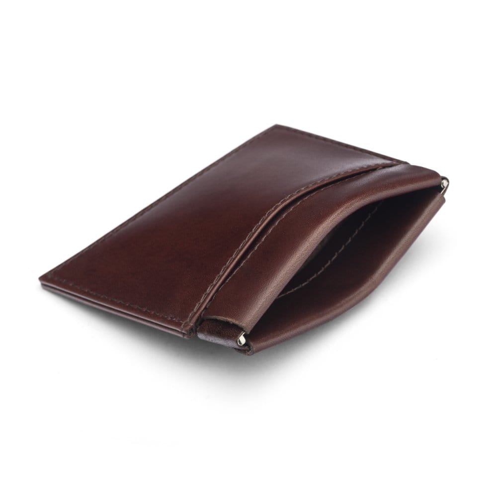 Leather squeeze spring coin purse, brown, open