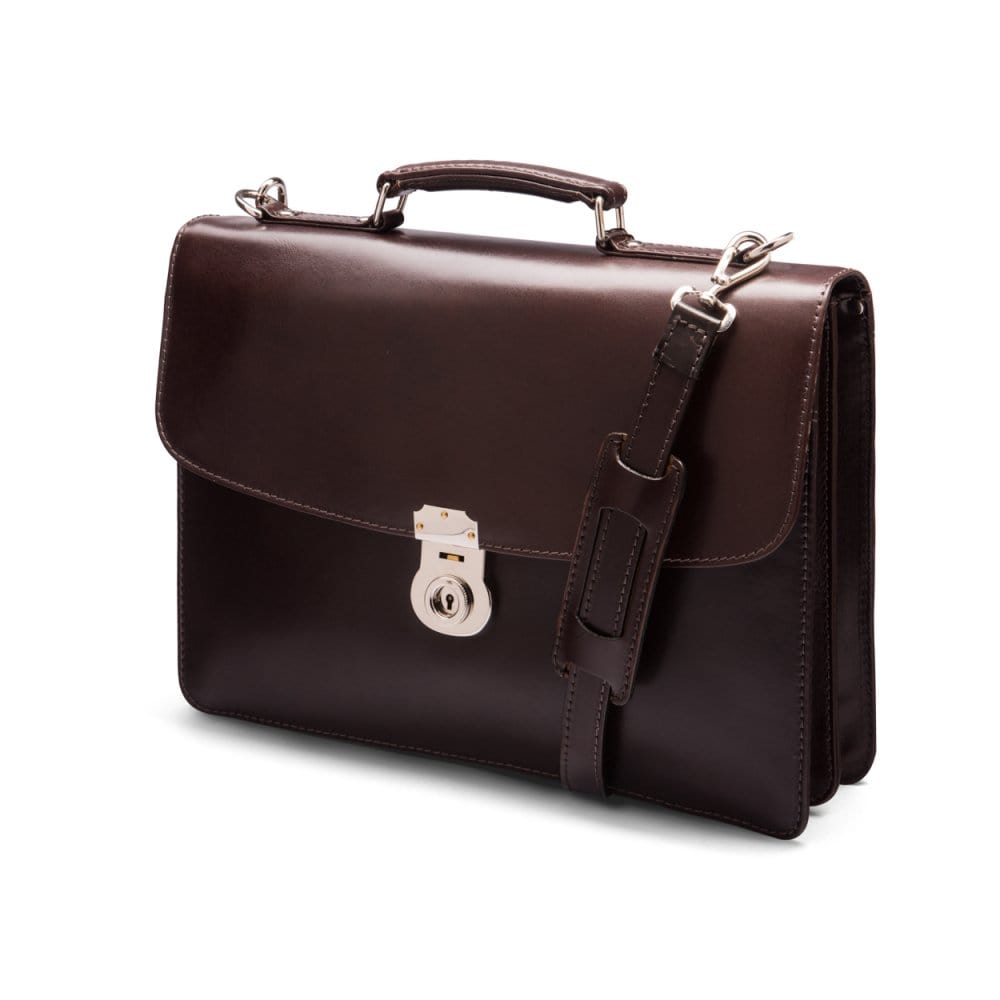Leather briefcase with silver brass lock, Harvard vintage look, brown, side