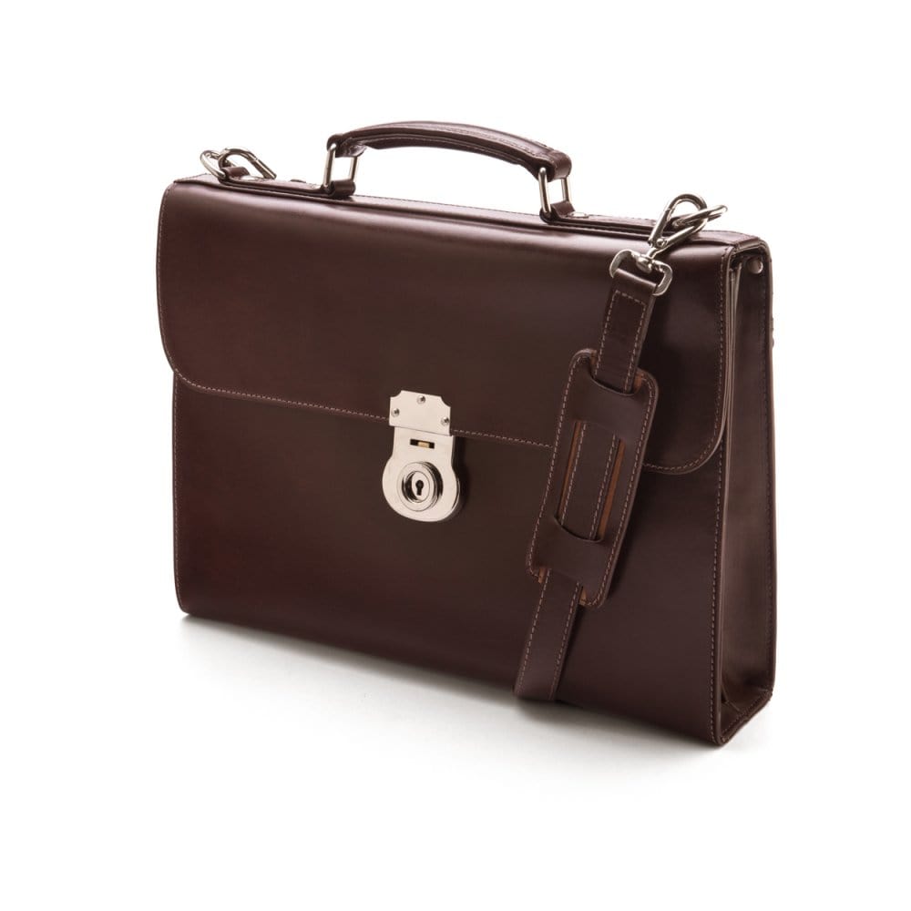 Brown Vintage Leather Wall Street Briefcase With Silver Brass Lock