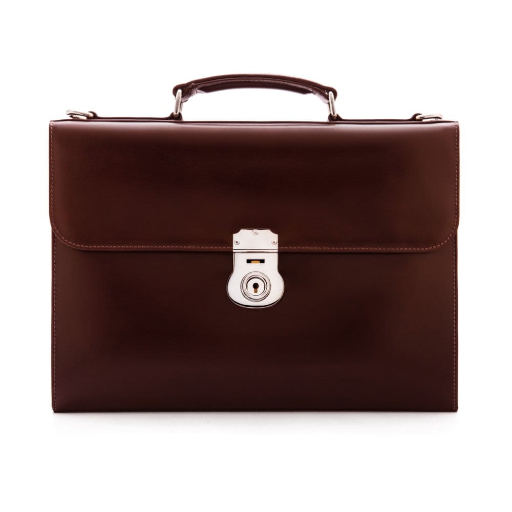 Brown Vintage Leather Wall Street Briefcase With Silver Brass Lock