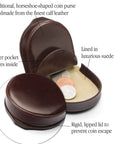 Leather horseshoe coin purse, brown with cream, features